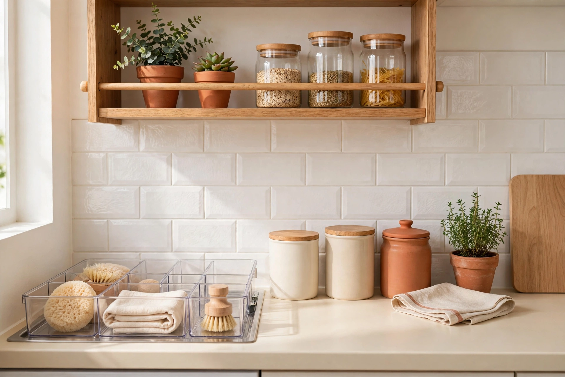 A rental kitchen counter with a peel-and-stick backsplash and removable organizers