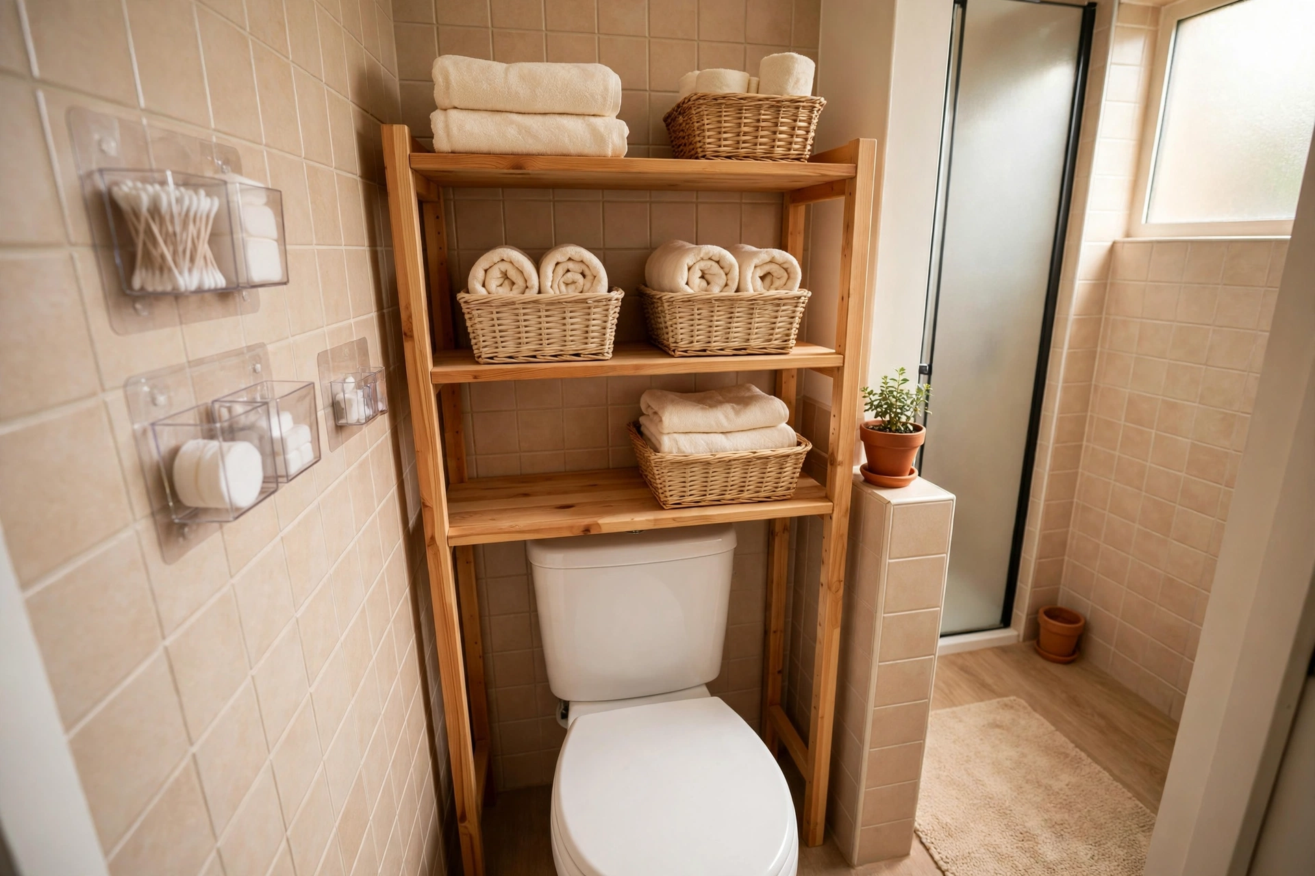 A small rental bathroom with over-toilet shelving and adhesive wall organizers