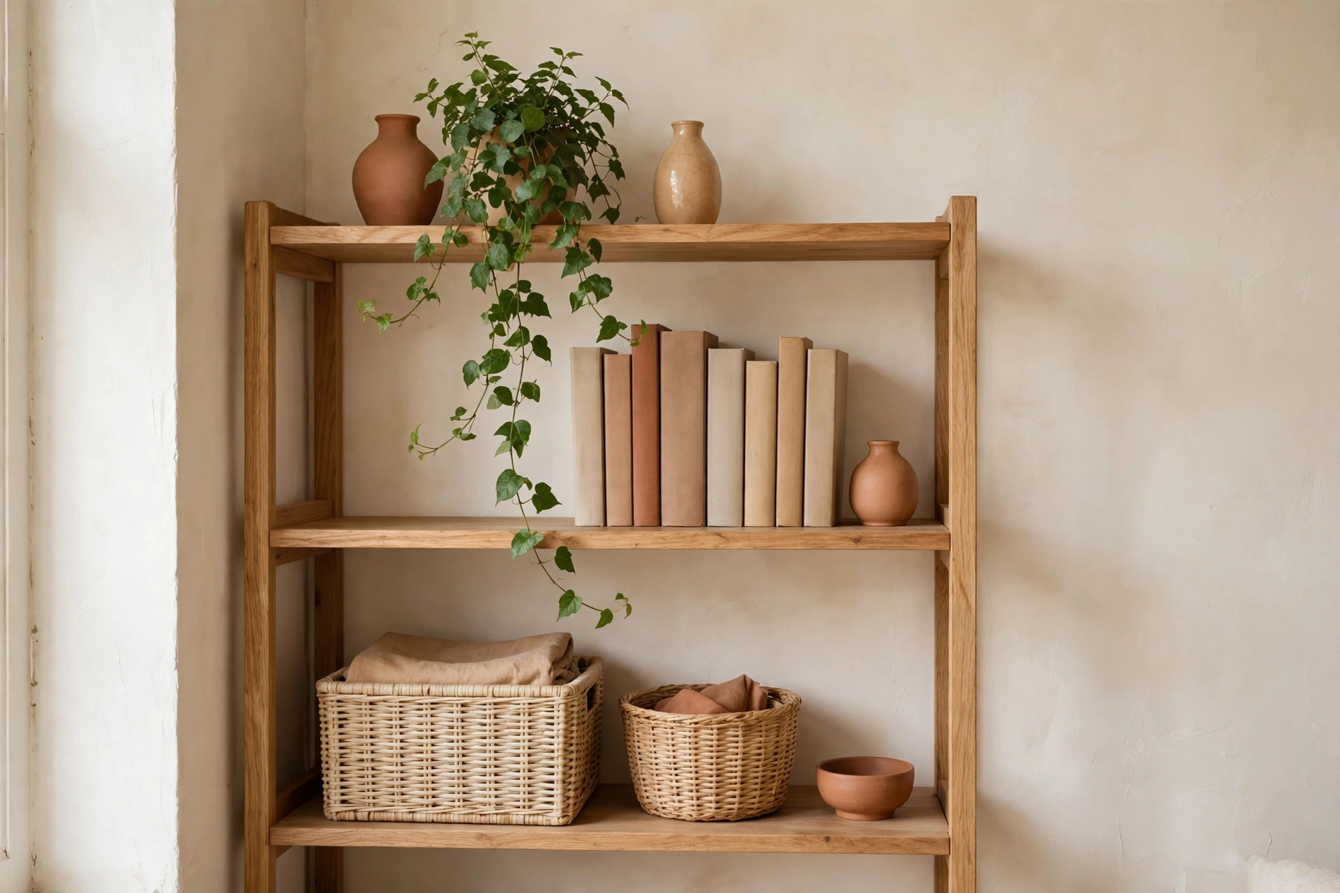 Open shelving with woven baskets, books and a trailing plant in a small room
