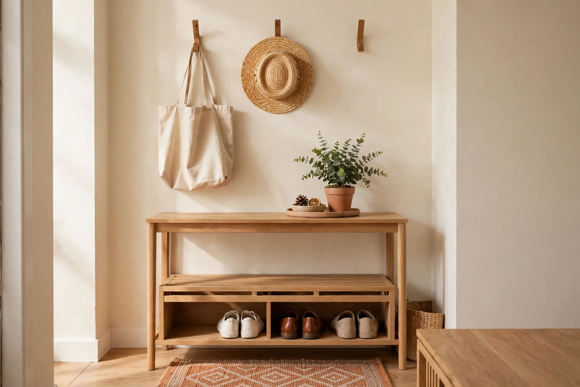 An entryway landing strip with wall hooks, a slim console and shoe storage